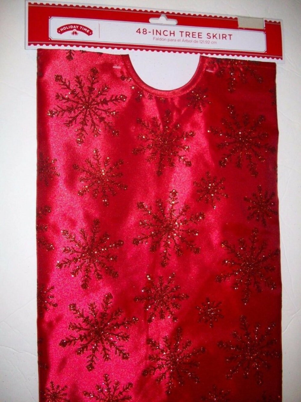Holiday Time 48" Red Satin Glitter Snowflake Merry Christmas Tree Skirt
